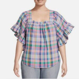 TERRA & SKY Pastel Plaid Square Neck Peasant Top Size 2x